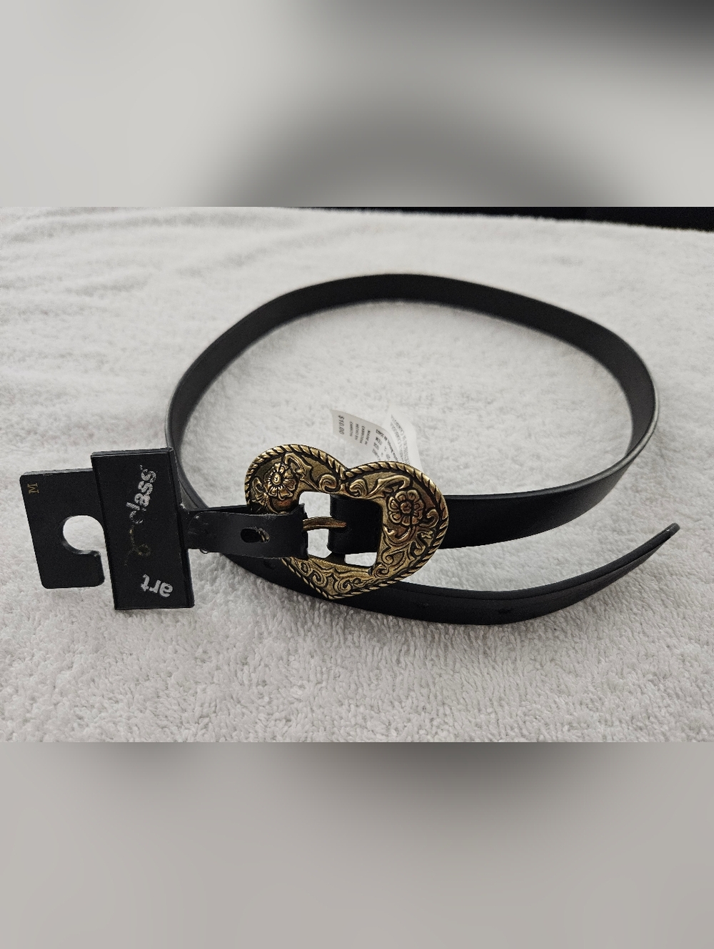 Art Class Girls Western Heart Buckle Belt Black Gold Etched Floral Vintage Style